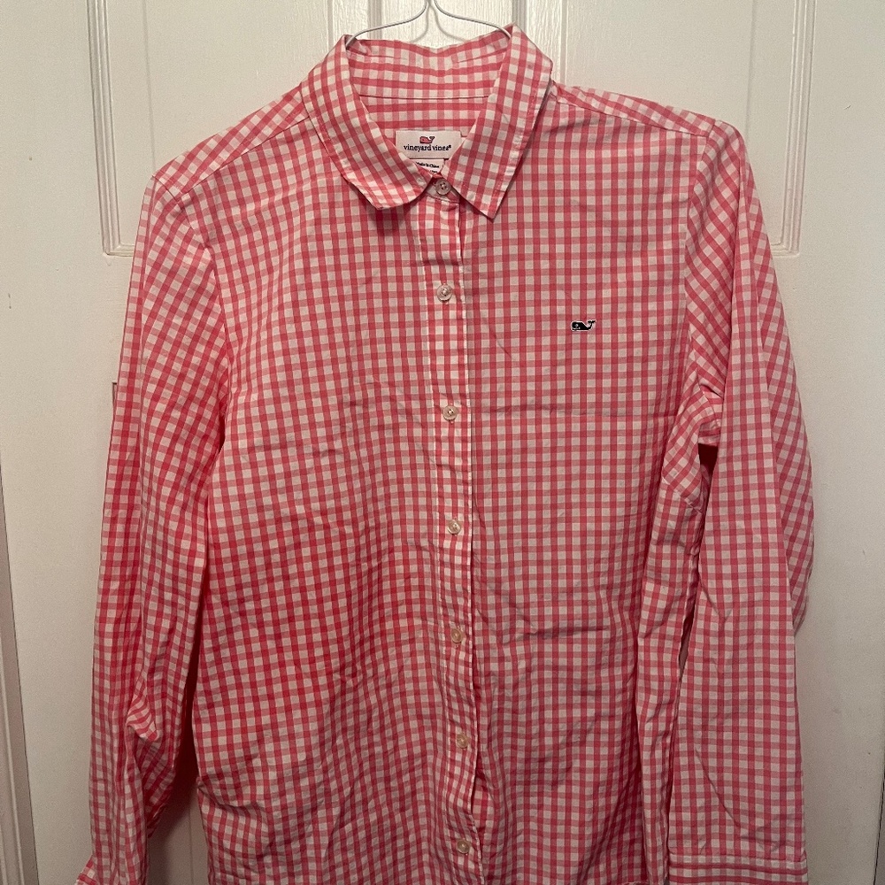 Vineyard Vines Pink & White Checkered Ling Sleeve Button Down Shirt